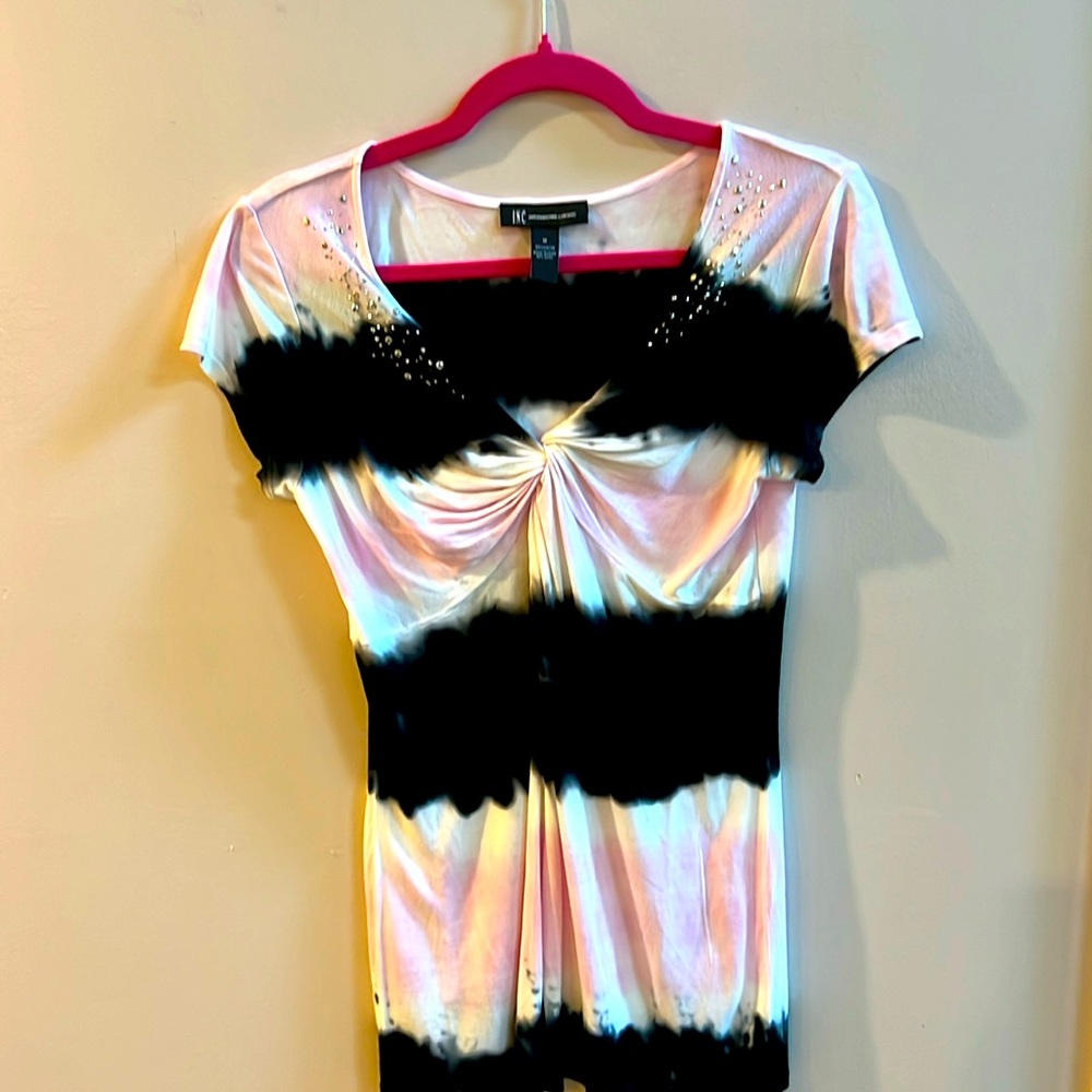 Inc International Concepts Tie Dye T-Shirt Pink/Blue Cap Sleeves w/beads